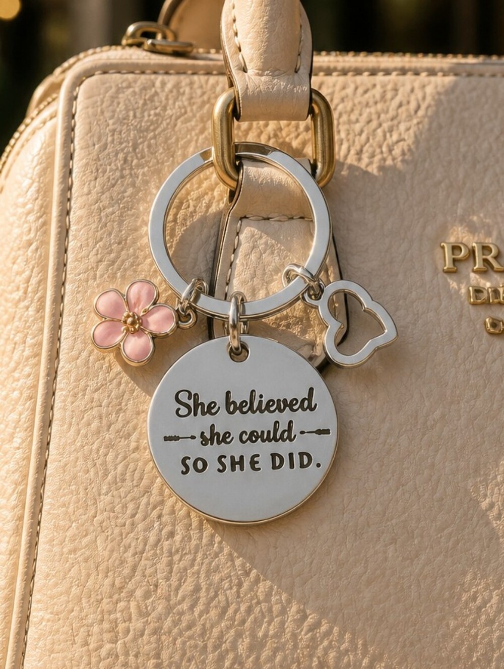 She Believed She Could Keychain Inspirational Gift Flower Charm Silver Milestone
